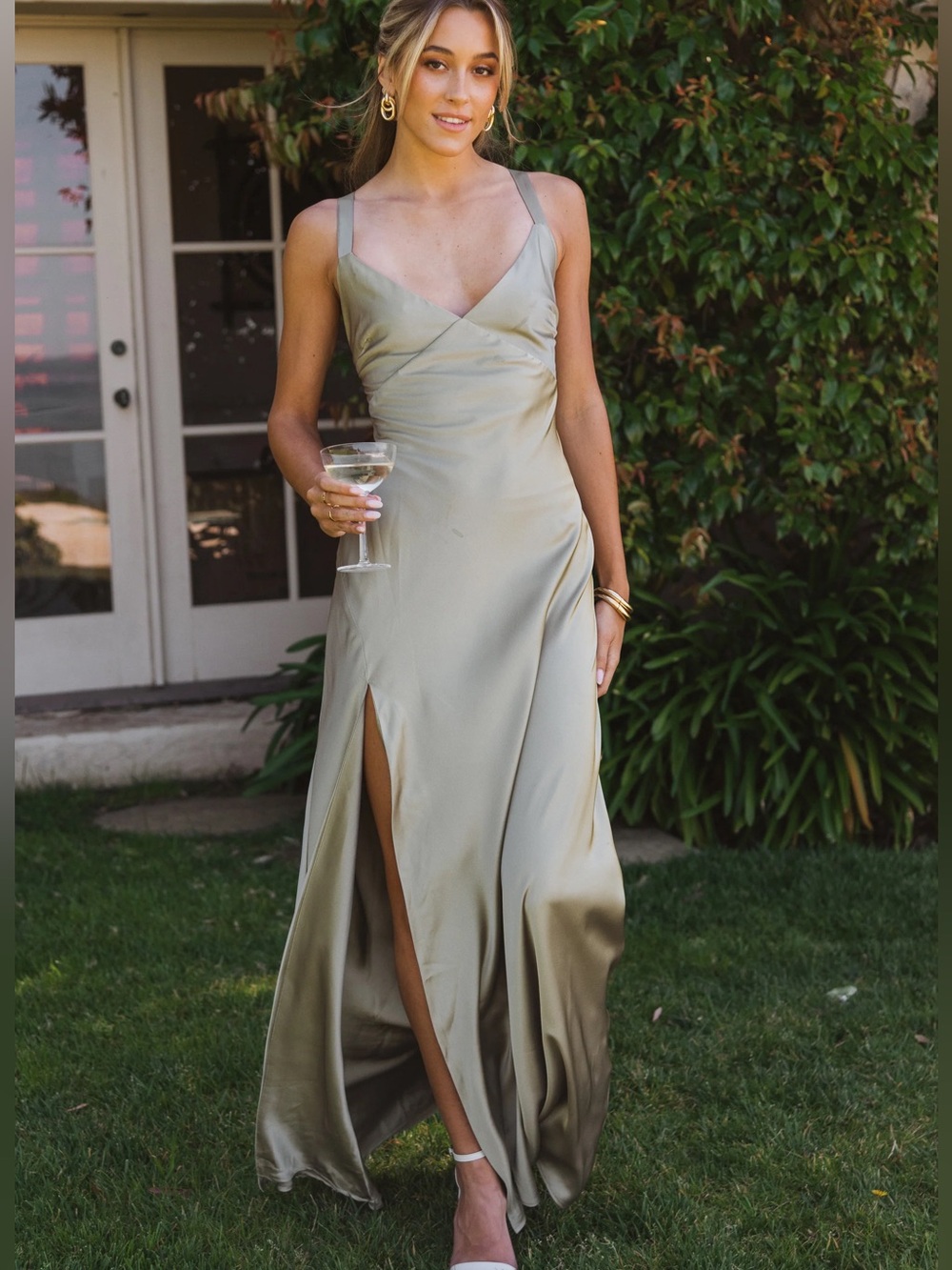 Show Me Your Mumu Anderson Maxi Dress XS Moss Green Luxe Satin Lined Open Back